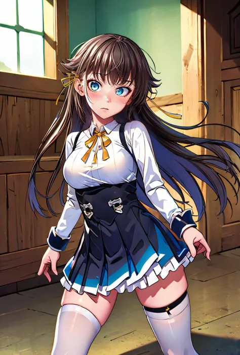 anime girl in school uniform posing in a room with wooden walls