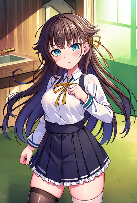 (masterpiece, best quality), 1girl,  <lora:kana_kashiwazaki-000008:0.8> kanakashiwazaki, yellow ribbon, aqua eyes, white shirt, collared shirt, thighhighs,medium breasts, frills, neck ribbon, pleated skirt,