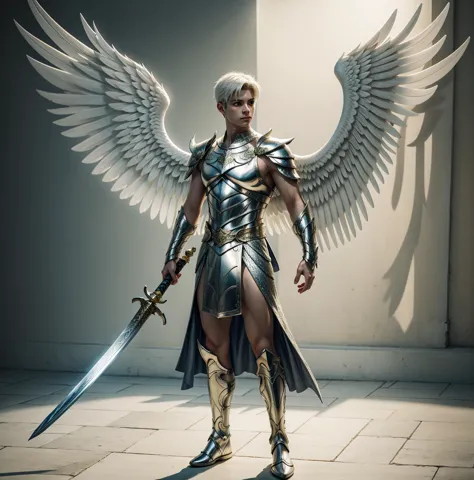 male  angelï¼Photorealistic,Realistic shadows,v-ray + photography of, Angels and long whites pale ,full body esbian, Esbian,  Daikin,Wingsï¼Silver sword and golden scales