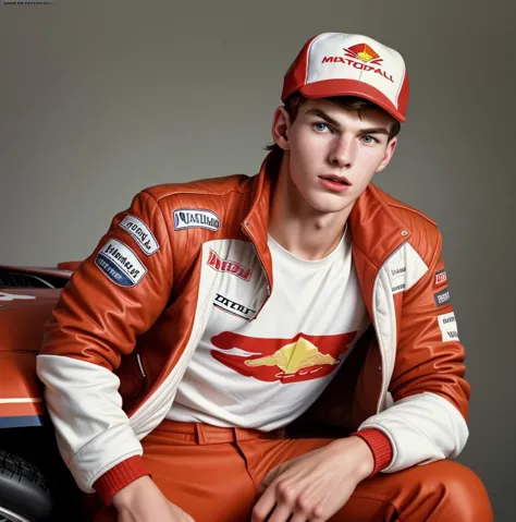 arafed man in an orange and white jacket and hat sitting on a motorcycle