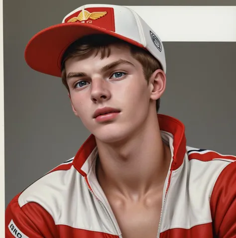 arafed image of a man wearing a red and white jacket and a baseball cap