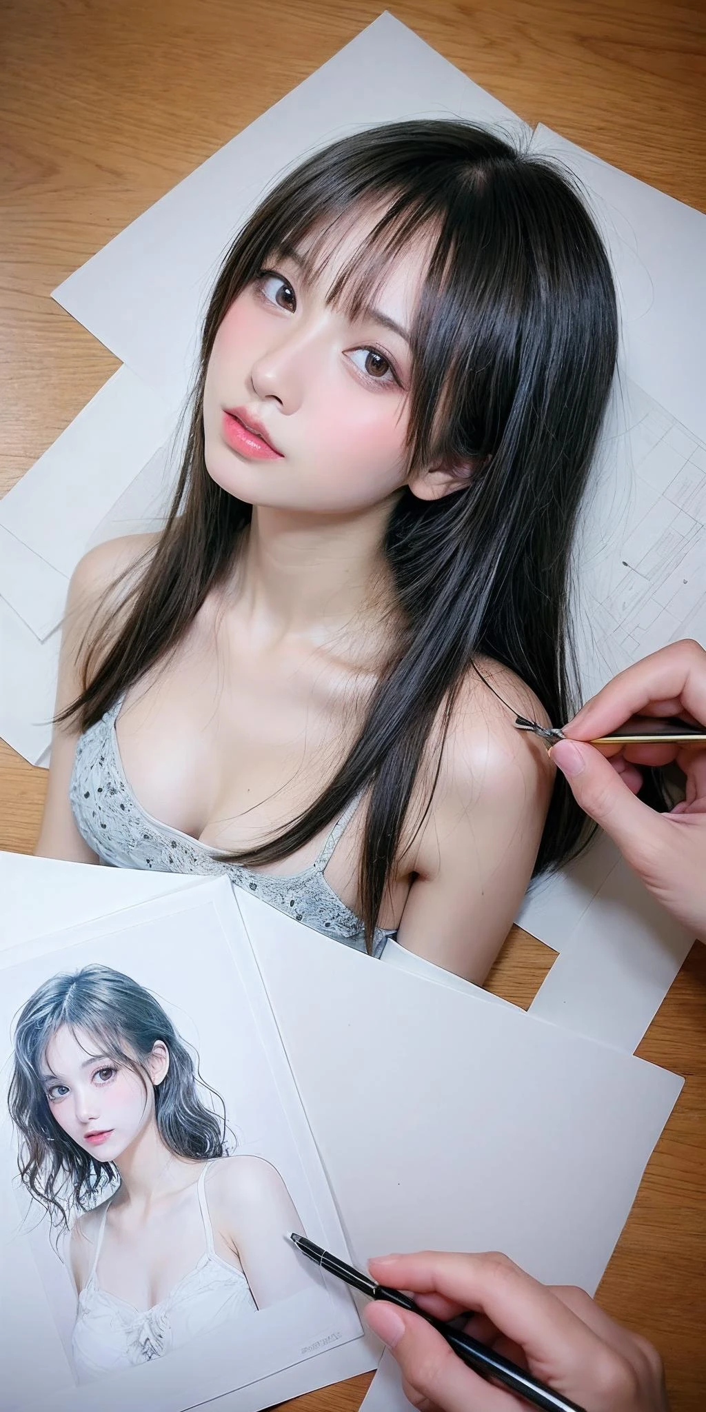 Masterpiece,high quality,beautiful wallpaper,16k,photo shoot,1girl,solo,ink stain,ink wash painting,((paper)),holding paper,((drawing girls on paper)),pencil