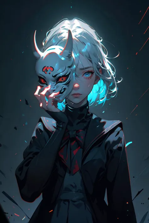 (best quality, ultra detailed), 1girl, solo, cowboy shot, looking viewer, school uniform, oni_mask, face, <lora:oni_mask:0.6>, mask on hand, covering face, <lora:holding mask_v2:0.9>, reflection, night walk, light particles, cinematic lighting, shallow depth of field,