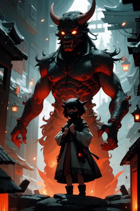 a man standing in front of a demon with a demon head on his head