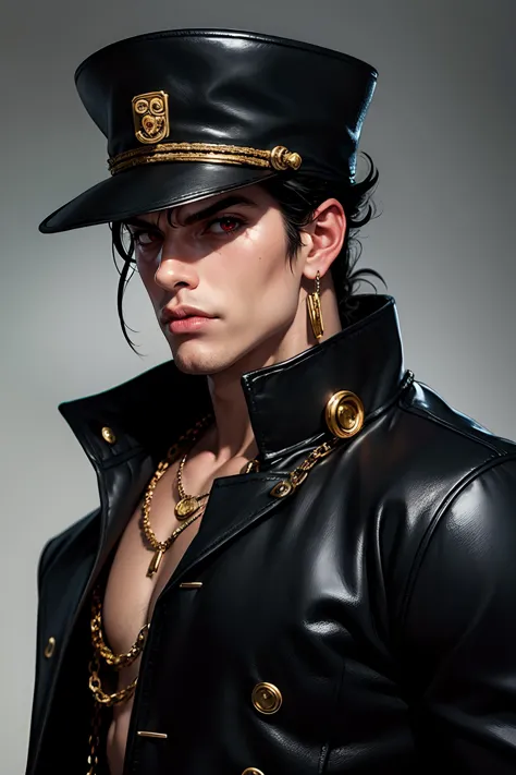 solo, looking at viewer, black hair, red eyes, 1boy, hat, jewelry, male focus, earrings, necklace, chain, portrait, serious, rea...