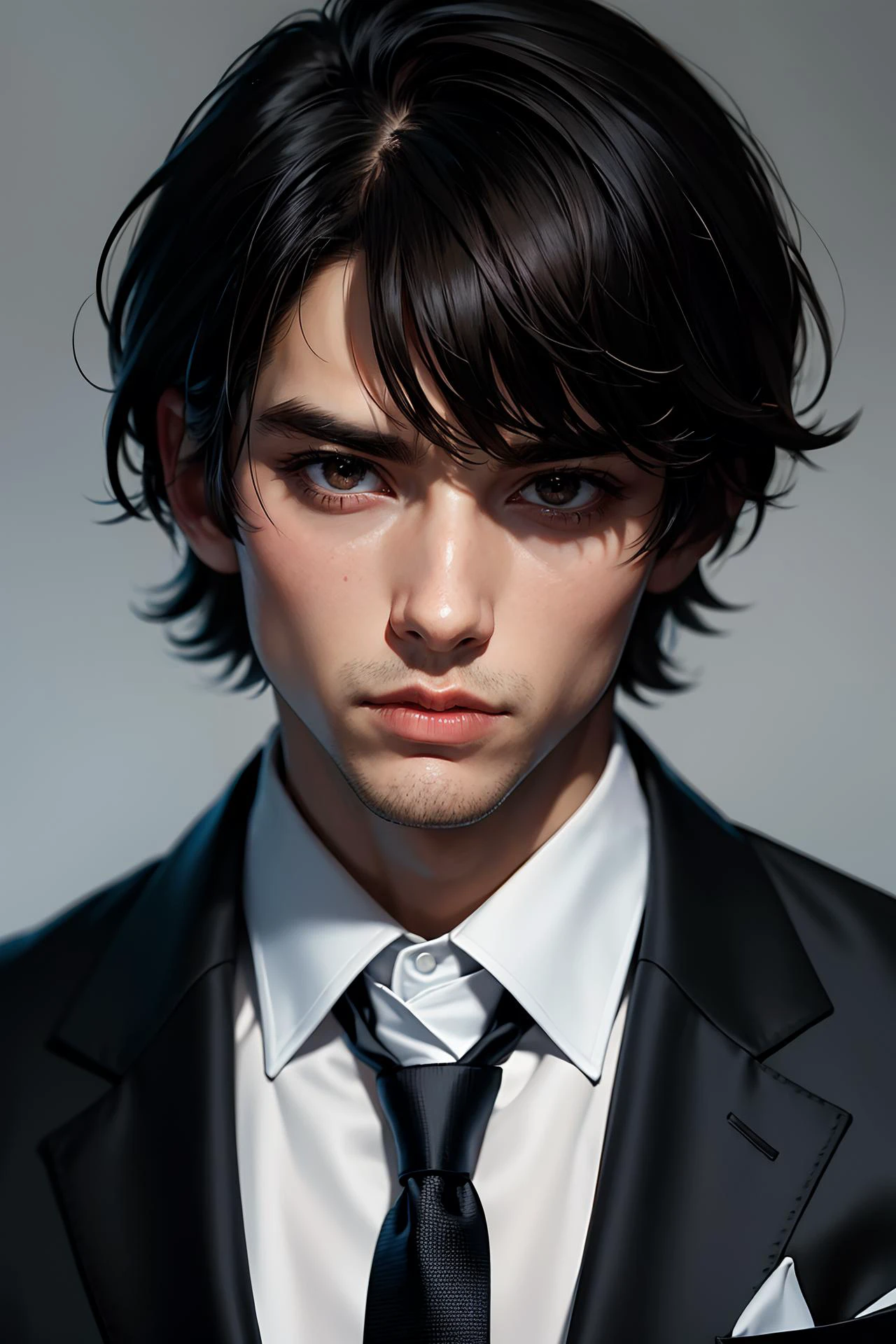 solo, looking at viewer, short hair, bangs, simple background, shirt, black hair, 1boy, white background, hair between eyes, brown eyes, closed mouth, jacket, white shirt, upper body, male focus, necktie, collared shirt, artist name, formal, portrait, black necktie