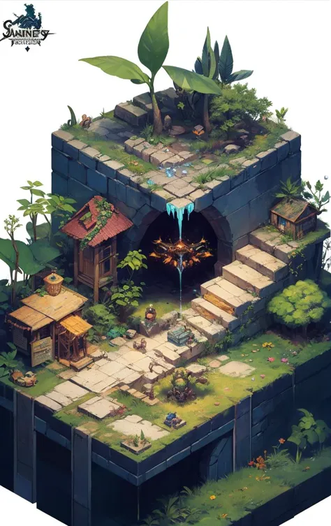 Jungle with crystals, game art, fantasy illustration, drawing, isometric art