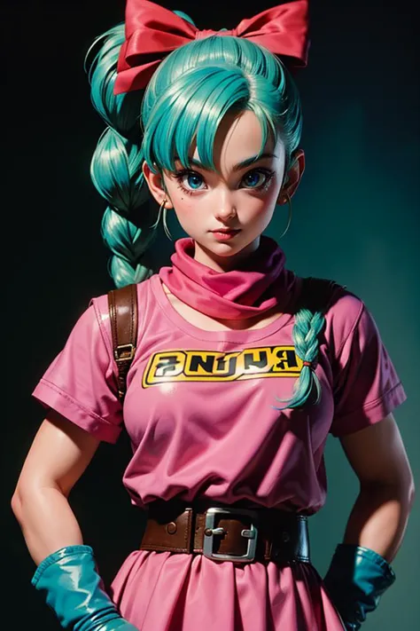 A happy medium portrait of Bulma, dragon ball, blmpony, aqua hair, hair ribbon, braided ponytail, pink shirt, belt, scarf, pink ...