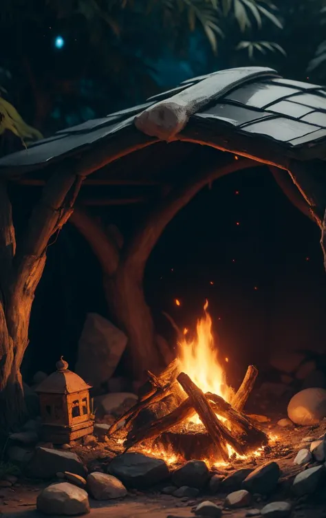 a close up of a fire in a small shelter with rocks and trees