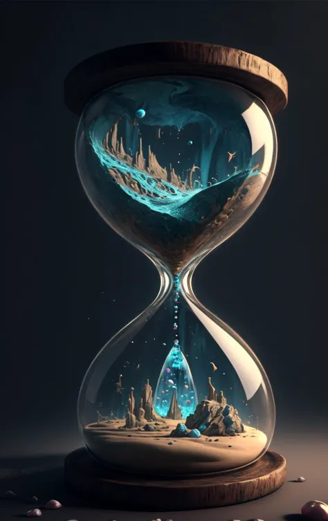 a hourglass with a sand clock inside of it and a city inside