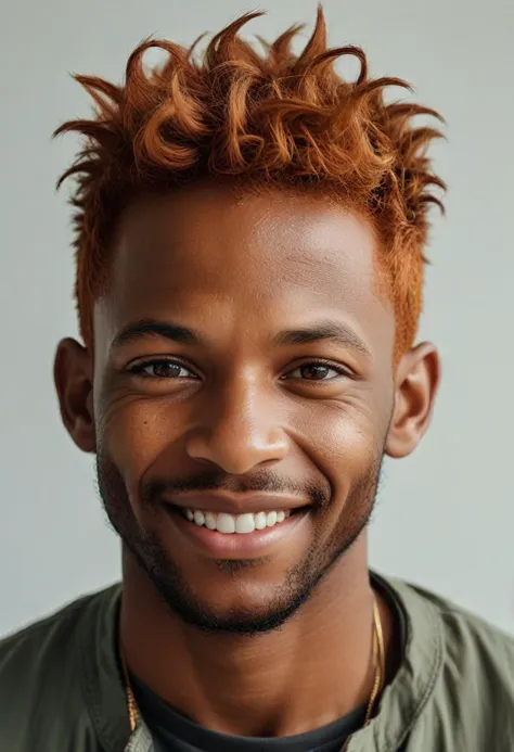 (medium full shot) of middle-aged man, slim build, short ginger spiky hair, south african, dark skin, black eyes, smiling, detai...