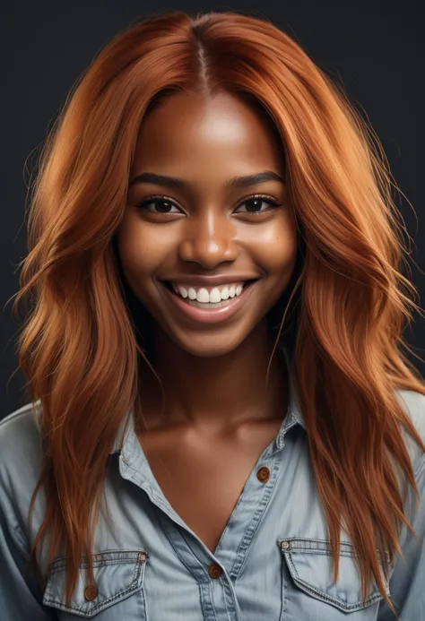 (medium full shot) of young woman, willowy build, medium ginger straight down hair, african, dark skin, black eyes, smiling, detailed face, wearing clothes, ,Masterpiece,best quality, raw photo, realistic, very aesthetic