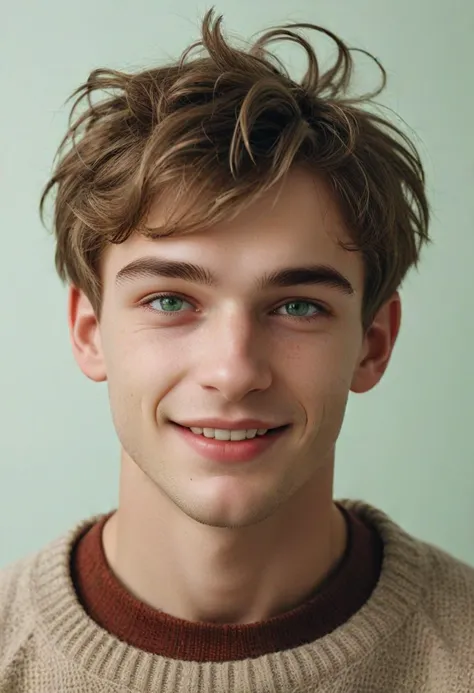 (medium full shot) of young man, lean build, short hazel french crop hair, russian, pale skin, mint green eyes, smiling, detaile...