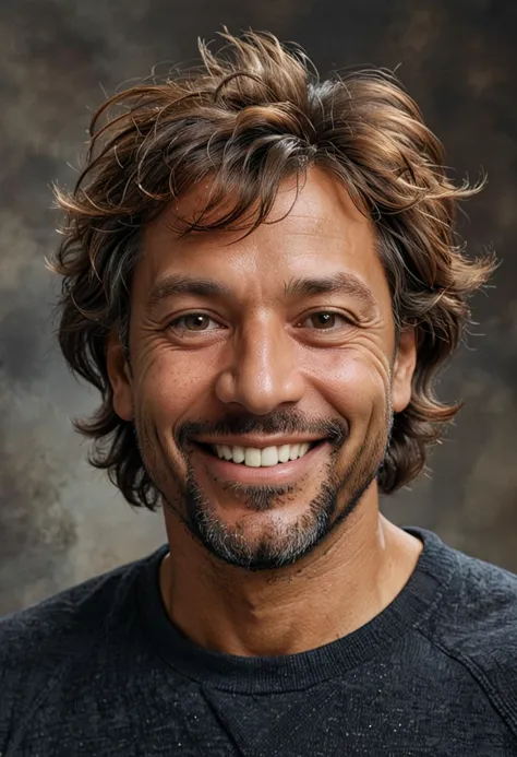 (medium full shot) of middle-aged man, broad build, short brown shaggy hair, black american, dark skin, black eyes, smiling, det...