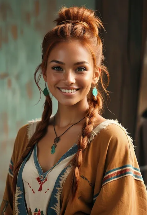 (medium full shot) of adult woman, Medium build, extra long ginger messy bun hair, native american, tan skin, green eyes, smiling, detailed face, wearing clothes, ,Masterpiece,best quality, raw photo, realistic, very aesthetic