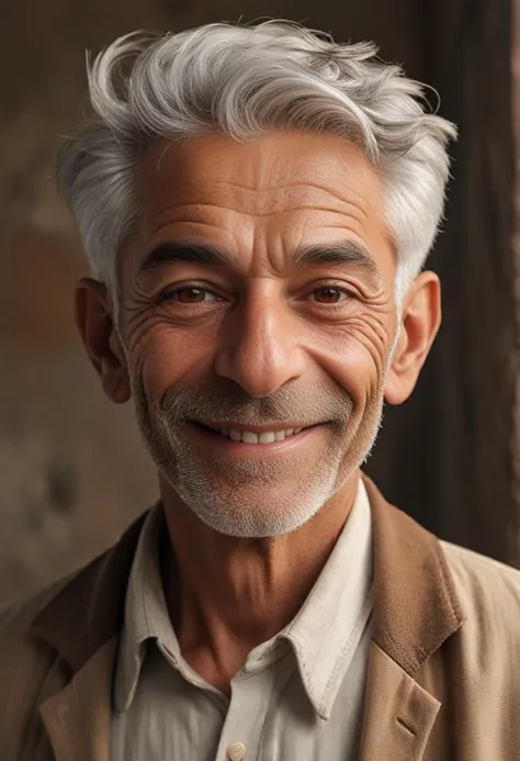 (medium full shot) of old man, very thin build, short red taper fade hair, persian, tan skin, brown eyes, smiling, detailed face...