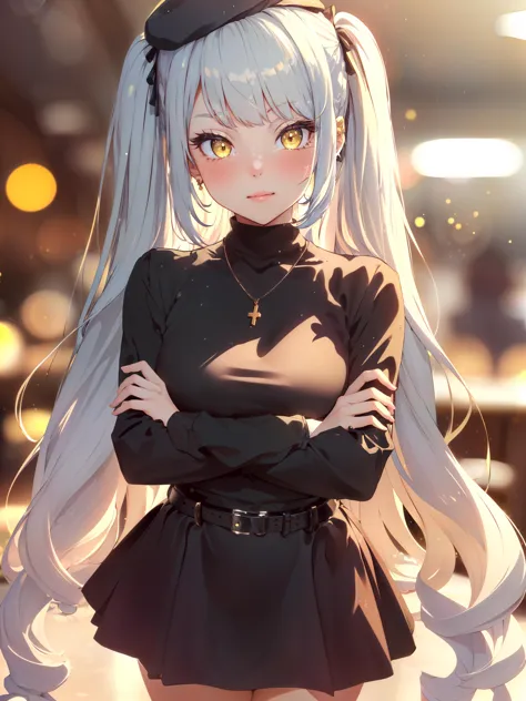 highres, ultra detailed,1girl,(beautiful detailed eyes:1.2),(bokeh photography:1.3),warm tones, soft shadows,natural face,simple background,blush,Yellow eyes,restaurant,crossed arms,
privaty \(nikke\), long sleeves, jewelry, hair ribbon,  indoors, necklace, black dress, belt,  zettai ryouiki, beret, turtleneck,