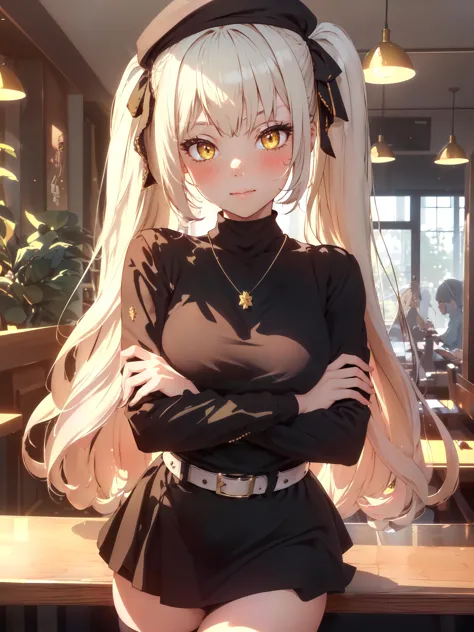 highres, ultra detailed,1girl,(beautiful detailed eyes:1.2),bokeh photography,warm tones, soft shadows,natural face,simple background,blush,Yellow eyes,restaurant,crossed arms,
privaty \(nikke\), long sleeves, jewelry, hair ribbon,  indoors, necklace, black dress, belt,  zettai ryouiki, beret, turtleneck,