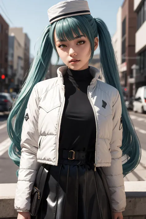 Obra-prima de melhor qualidade, Altamente detalhado, braços atrás da cabeça privatycasual, twintails, cabelo muito comprido, chapéu branco, jaqueta branca, Suéter preto, Saia preta,