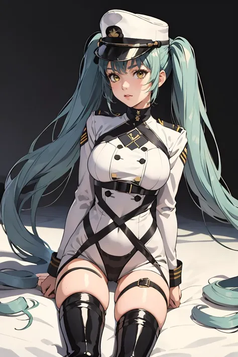 (chef-d&#39;œuvre, Meilleure qualité), 1fille,    privatydef, Twintails, cheveux très longs, casquette à visière, uniforme militaire, harnais, sangle de cuisse, Cuissardes noires,