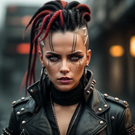 a photo of a woman, in a cinematic style reminiscent of Mad Max. She exudes a sense of fierce determination and resilience, with an intense gaze. She wears a tailored, asymmetrical leather jacket, adorned with intricate laser-cut patterns. Her pants are form-fitting and textured, complementing the edgy aesthetic. Her boots are high-heeled and embellished with metal studs. Her hair is styled in a sleek, braided Mohawk, adding a touch of rebelliousness. The color style is cinematic, with desaturated earthy tones and strategic pops of bold color. The environment showcases a dystopian urban setting, with dilapidated buildings and flickering neon lights. The camera angle is slightly elevated, capturing the woman's commanding presence. ISO 400, shutter speed 1/500, focal length 50mm, medium depth of field. The weather is drizzling, with raindrops glistening on the pavement.<lora:PostApocalypticV1:0.5>  99post96apocalyptic44, (freckles:0.8), (lips parted), realistic eyes, POV, realistic[:, (film grain, 25mm, f/1.2, dof, bokeh, beautiful symmetrical face, perfect sparkling eyes, well defined pupils, high contrast eyes, ultra detailed skin, skin pores, vellus hair, fabric stitching, fabric texture, finely detailed features:1):0.9]