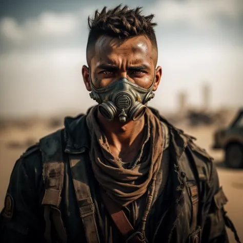 A photo of a lone wanderer in a desolate wasteland, wearing tattered clothing and a gas mask to protect against the toxic air. T...