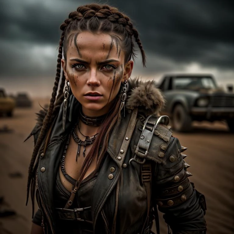 photo of a woman, in a cinematic style reminiscent of Mad Max. She exudes strength and resilience, with a piercing gaze. She wears a weathered and battle-worn armor, crafted from repurposed metal scraps and leather straps. Her boots are heavy-duty, with spikes and chains adorning them. Her hair is braided and woven with colorful ribbons, cascading down her back. The color style is cinematic, with desaturated tones and moody lighting, enhancing the gritty atmosphere. The environment showcases a post-apocalyptic wasteland, with crumbling ruins and remnants of civilization. The camera angle is low, capturing the woman from a powerful perspective. ISO 200, shutter speed 1/1000, focal length 24mm, medium depth of field. The weather is cloudy, with a storm brewing on the horizon.99post96apocalyptic44, Cinematic style, dramatic visuals, atmospheric immersion, High resolution, deep depth of field, sharp focus, realistic lighting, dark and moody atmosphere, hyperrealistic, masterpiece, cinematic sensual