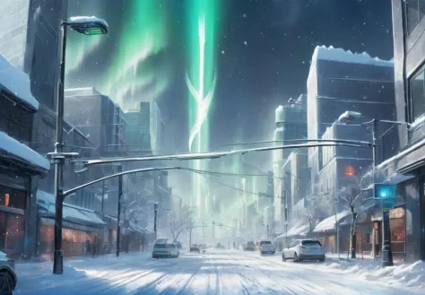 aurora,photon force field,particle fluorescence,sci-fi wind,light film curtain,city,the 1 field beam is rising into the sky,snow,ice,street,avenue,lamppost,Intersection,in_main_street,<lora:ç§å¹»-éªåé»çº¢sdxl:0.5>,