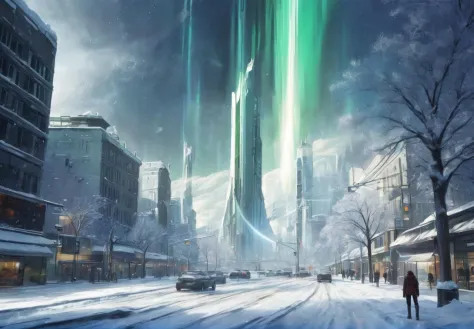 aurora,photon force field,particle fluorescence,sci-fi wind,light film curtain,city,the 1 field beam is rising into the sky,snow,ice,street,avenue,lamppost,Intersection,in_main_street,<lora:ç§å¹»-éªåé»çº¢sdxl:0.5>,
