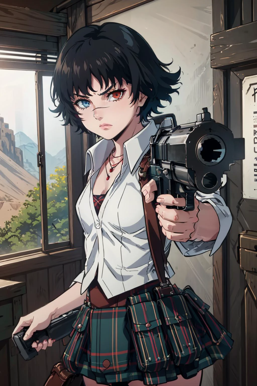 masterpiece, best quality,  dmc3lady, scar, heterochromia, shirt, plaid skirt, necklace, pouch, cowboy shot,  gunatyou, gun, aiming at viewer, holding gun, furrowed brow