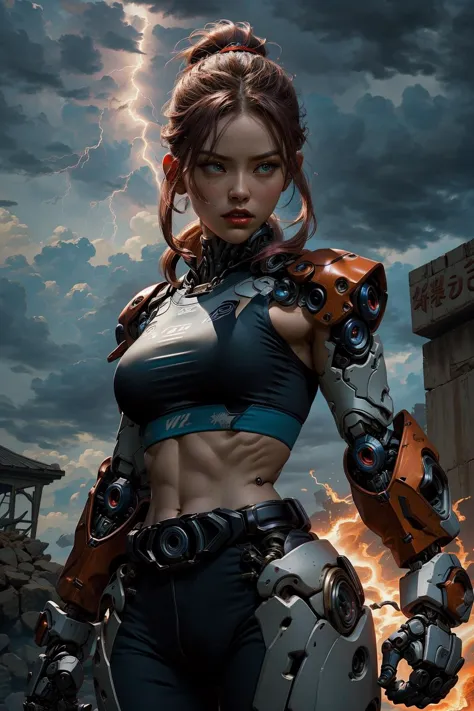 LightningMagicAI,fireMagicAI,iceMagicAI, convergence of elements (fire:1.2), (ice:1.2), (lightning:1.2),wuxia,female,robort cyborg mech fighter,wmma, wearing sports bra fingerless gloves, martial arts,fcPortrait <lora:NijiExpressV2:0.2> <lora:wmma-fC-v1:0.6><lora:FINAL  Robort:0.5> <lora:wuxia2:0.4> <lora:ElementalMagicAIv2:0.7>