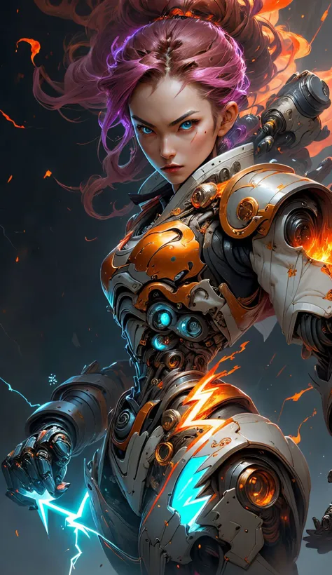 LightningMagicAI,fireMagicAI,iceMagicAI, convergence of elements (fire), (ice), (lightning),wuxia,female,robort cyborg mech figh...