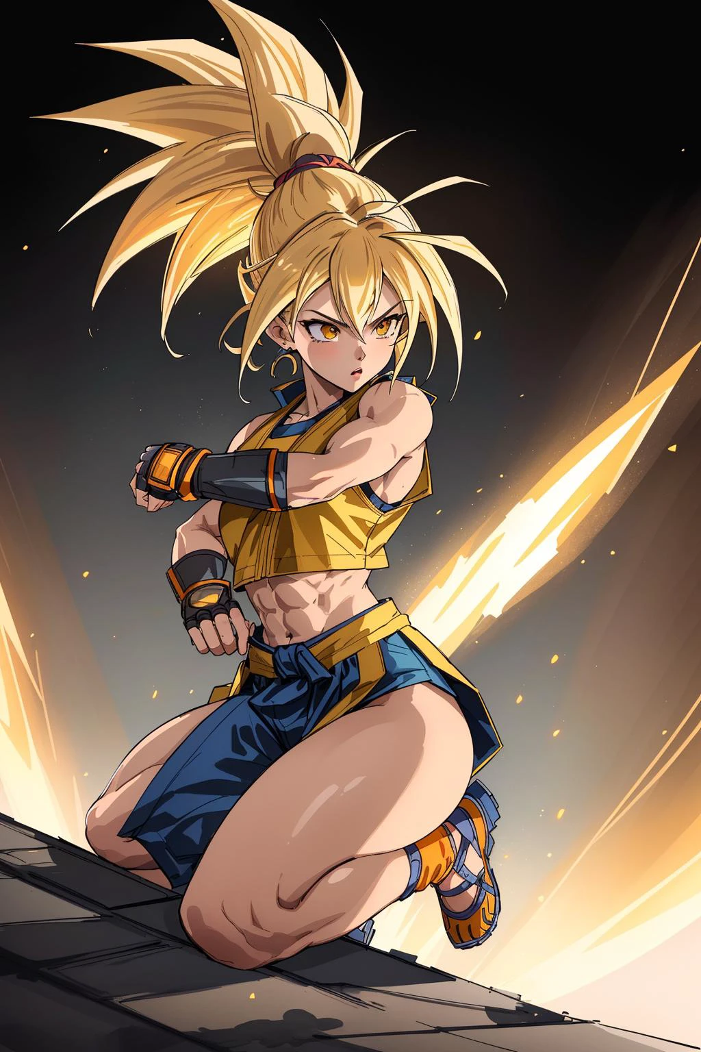 wmma, fingerless gloves, woman, midriff, toned, stage lights, fence,  son_goku, super_saiyan, yellow_hair, yellow_eyes, aura, fighting stance, (masterpiece),shouting,high contrast, pastel colors, watercolor \(medium\), (illustration:1.2), 1 man,full body, (muscular:1.3),(Budo uniform:1.2), solo, (detailed background:1.4), hyper detailed, highly detailed, beautiful, small details, ultra detailed, best quality, intricate, sharp, digital illustration, detailed, intricate, 4k, 8k, good anatomy, beautiful lighting, award-winning, highres, (extremely detailed CG, unity, 8k wallpaper:1.1), highly detailed face, zoomout, colorful, vibrant colors