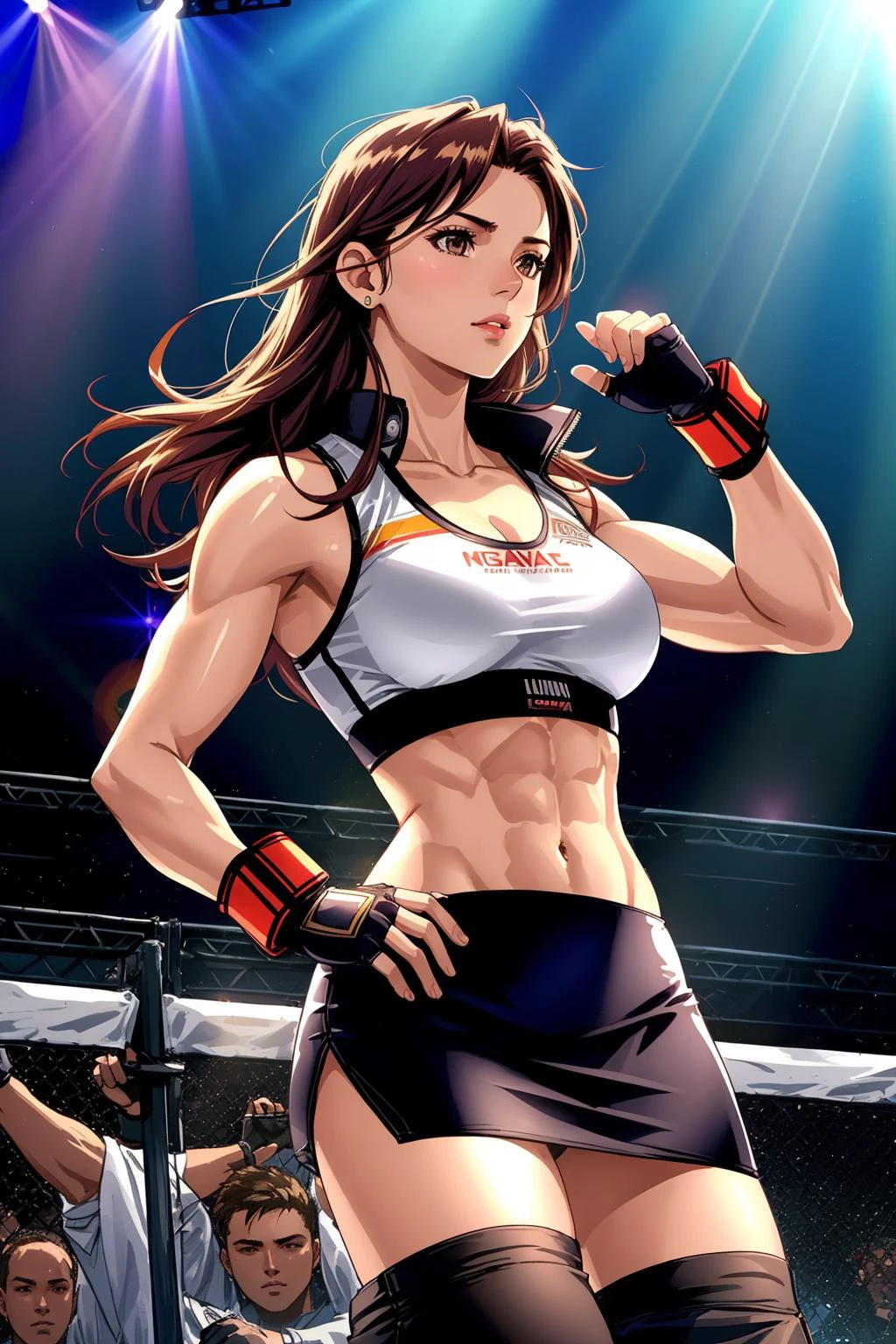 wmma, fingerless gloves, woman, midriff, toned, stage lights, fence,  vivid hair, pencil skirt, blouse, light rays, god rays, muscular, realistic, breasts