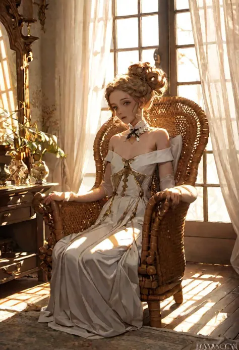 intricately detailed artistic illustration of a pretty nude ginger irish girl, small breasts, victorian updo, curly locks, seated in a (peacock rattan armchair:1.3), in front of a bay window with diaphanous white curtains, in a 19th century rich colonial indian house, golden hour, exquisite backlighting