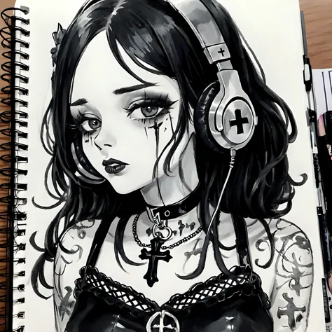 pencil drawing of Goth girl up close with a blank stare and small cleavage, wearing a chocker, necklace, runny makeup, headphones, notebook, grainy image, grim, death metal,