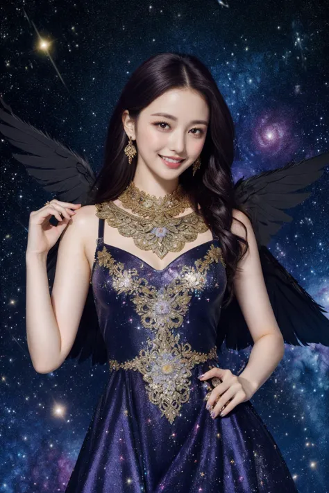 (best quality, masterpiece),1girl,smile,galaxy,glitter,dress,particle,wind,flower,cowboy shot,linekanok pattern:1.3,dark galaxy background,looking at viewer,multicolor hair,  one wings,<lora:linevichit3:0.8>, <lora:Yurina_FaceV01:0.7>