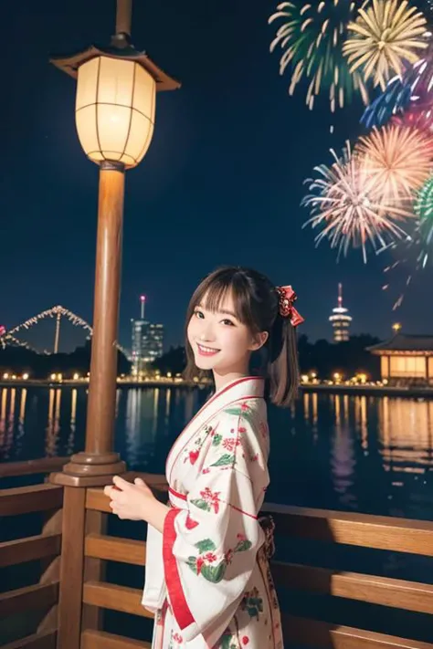 a close up of a woman in a kimono standing near a lamp post