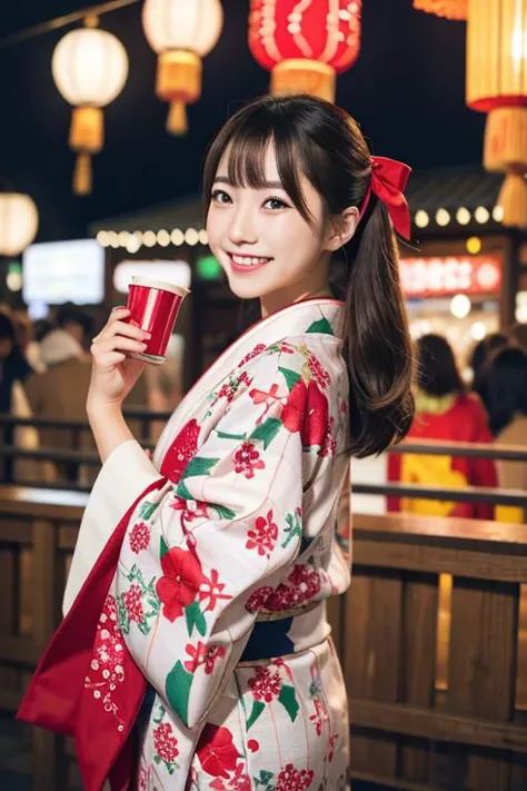 1 chica,vistiendo un kimono con tema navideño,ropa japonesa, kimono de navidad, impresión del tema de navidad,espectador mirando,de cerca,de_frente:1.2,festival,yukata,vestimenta tradicional,Cinta para el pelo,sandalias,Al aire libre,paisaje urbano,sonriente,Noche,fondo colorido de fuegos artificiales,lantern,coloridos fuegos artificiales en el cielo:1.6,Verano,cultura japonesa,[iluminación cinematográfica:0.8],Realista:1.3,escenario,festival japonés,vista de la ciudad,Feliz,alegría,Actitud festiva. (obra maestra),(mejor calidad:1.2),absurdos,