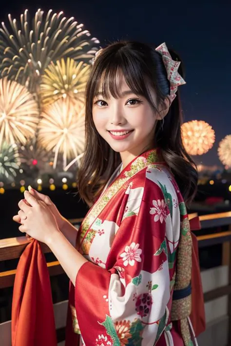 1girl,wearing christmas theme kimono,japanese clothes, chirstmas kimono, christmas theme print,looking viewer,close up,from_front:1.2,festival,yukata,traditional attire,hair ribbon,sandals,outdoors,cityscape,smiling,night,colourful firework background,lantern,colourful fireworks in sky:1.6,summer,japanese culture,[cinematic lighting:0.8],realistic:1.3,scenery,japanese festival,city view,happy,joy,festive mood. (masterpiece),(best quality:1.2),absurdres,