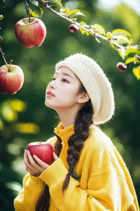 1girl,food,solo,fruit,holding food,holding,long hair,brown hair,holding fruit,outdoors,long sleeves,yellow headwear,branch,tree,hat,blurry,apple,closed mouth,brown eyes,day,bangs,looking up,hands up,jacket,leaf,standing,cowboy shot,plant,depth of field,blurry background,coat,braid,basket,green headwear,yellow jacket,looking away,sweater,dappled sunlight,