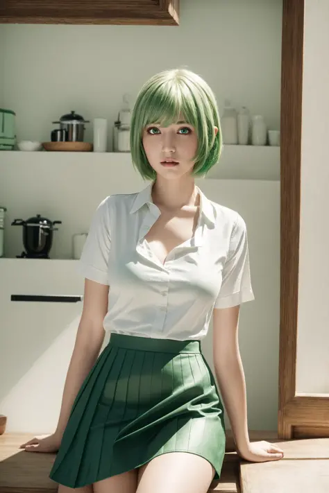 8k,best quality,ultra high res,beautiful,sfw, realistic,1 girl,young girl,perfect breasts,green hair,short hair, short hair,kitchen room, white shirt,black skirt, sitting, (ultra_hd, hd, hdr, 8k,best quality,high quality), <lora:add_detail:0.3>, hyperdetailed background,