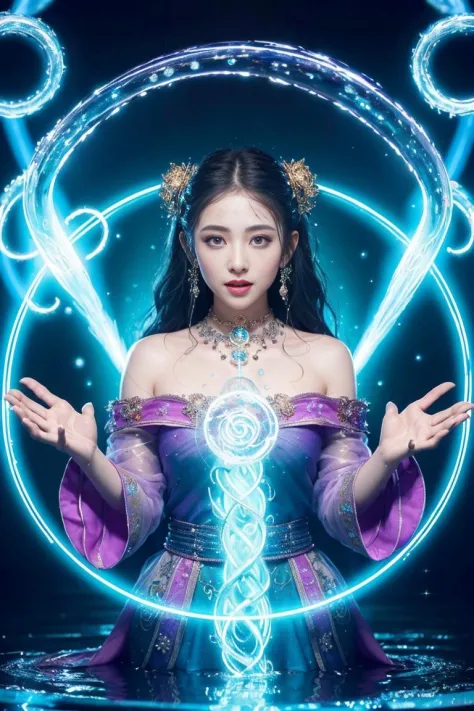 (masterpiece),(best quality:1.4),absurdres,[:intricate details:0.2],1girl,Flowing robes,intricate magical circles,glowing runes,shimmering aura,arcane incantations,crackling energy,ethereal staff,sparkling motes,glowing sigils,otherworldly chanting,mysterious symbols,transcendent water magic,water magician,waterball,upper body shot,kinetic expressions,