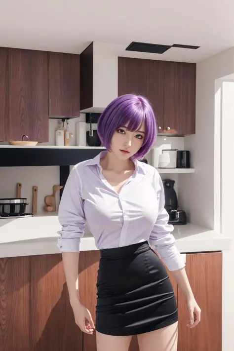 8k,Meilleure qualité,ultra haute résolution,Beau,SFW, Réaliste,1 fille,jeune fille,Des seins parfaits,cheveux violets,Cheveux courts, Cheveux courts,Cuisine, chemise blanche,jupe noire, debout, (ultra_HD, HD, HDr, 8k,Meilleure qualité,Haute qualité), arrière-plan hyperdétaillé,