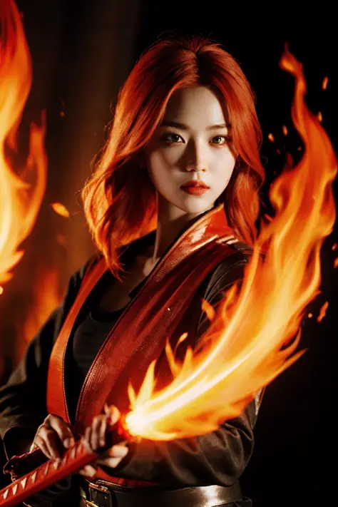 1girl,red hair,flaming eye,katana,flames,burning houses,glowing,sidelighting,wallpaper,