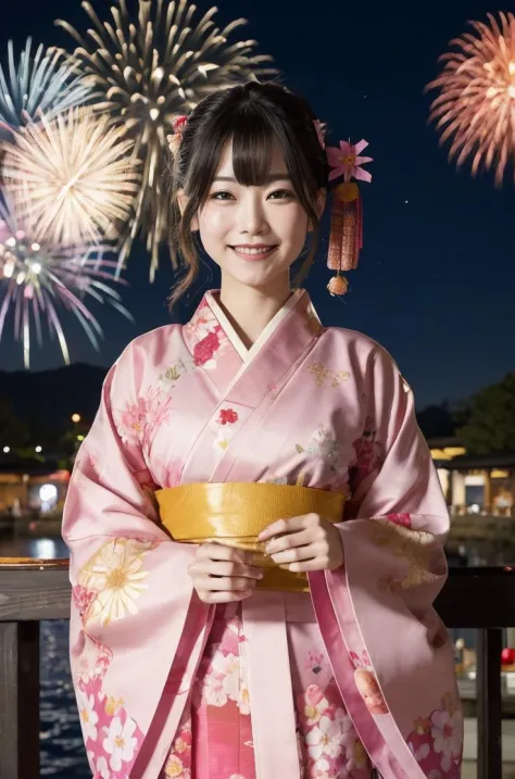 1girl,wearing pink kimono,japanese clothes,pink kimono,flowr print,looking viewer,close up,from_front:1.2,festival,yukata,traditional attire,hair ribbon,sandals,outdoors,cityscape,smiling,night,colourful firework background,lantern,colourful fireworks in sky:1.6,summer,japanese culture,[cinematic lighting:0.8],realistic:1.3,scenery,japanese festival,city view,happy,joy,festive mood. (masterpiece),(best quality:1.2),absurdres,