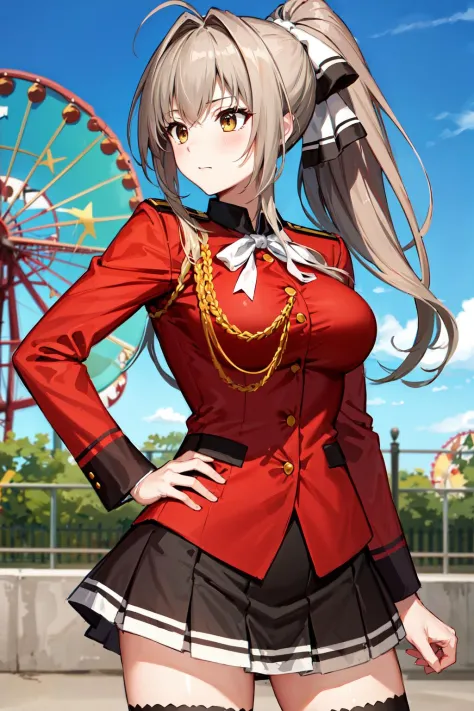 masterpiece, best quality, highres, aaisuzu, 1girl, ponytail, hair bow, brown eyes, uniform, red shirt, aiguillette, black skirt, white thighhighs, <lora:sento_isuzu_v1:0.7>, amusement park, standing, cowboy shot, hand on hip,