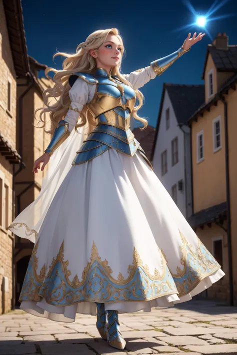 ultra detailed, sharp focus, best quality, masterpiece, colorful, best quality, masterpiece, sole woman, 1 woman, Young woman, beautiful face, wearing an armor-dress, long skirt, white and blue, light make-up, slight friendly smile, open arms, very long wavy light blond hair, blue eyes, glowing eyes, full body shot, (medieval town background), aura of light, (levitating), best quality, masterpiece, intricate details