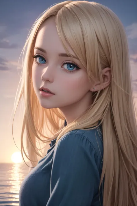 Photograph of a drawing of a woman with long blonde hair, gorgeous digital painting, beautiful eyes, beautiful digital artwork, beautiful digital painting, artgerm portrait, character art portrait, stunning digital illustration, realistic cute girl painting, epic portrait illustration, cgsociety portrait, realistic digital art 4k, in the background is the sea with a sunset, gorgeous digital art , cinematic hd 4k 8k 3d 4d highly detailed, natural light, colorful