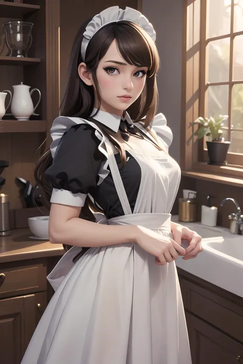 a close up of a woman in a maid outfit standing in a kitchen